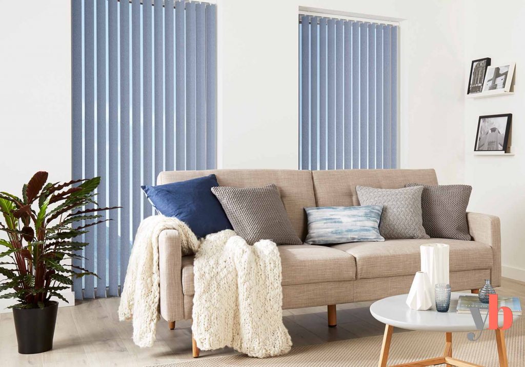 Blue Vertical Blinds in a living room