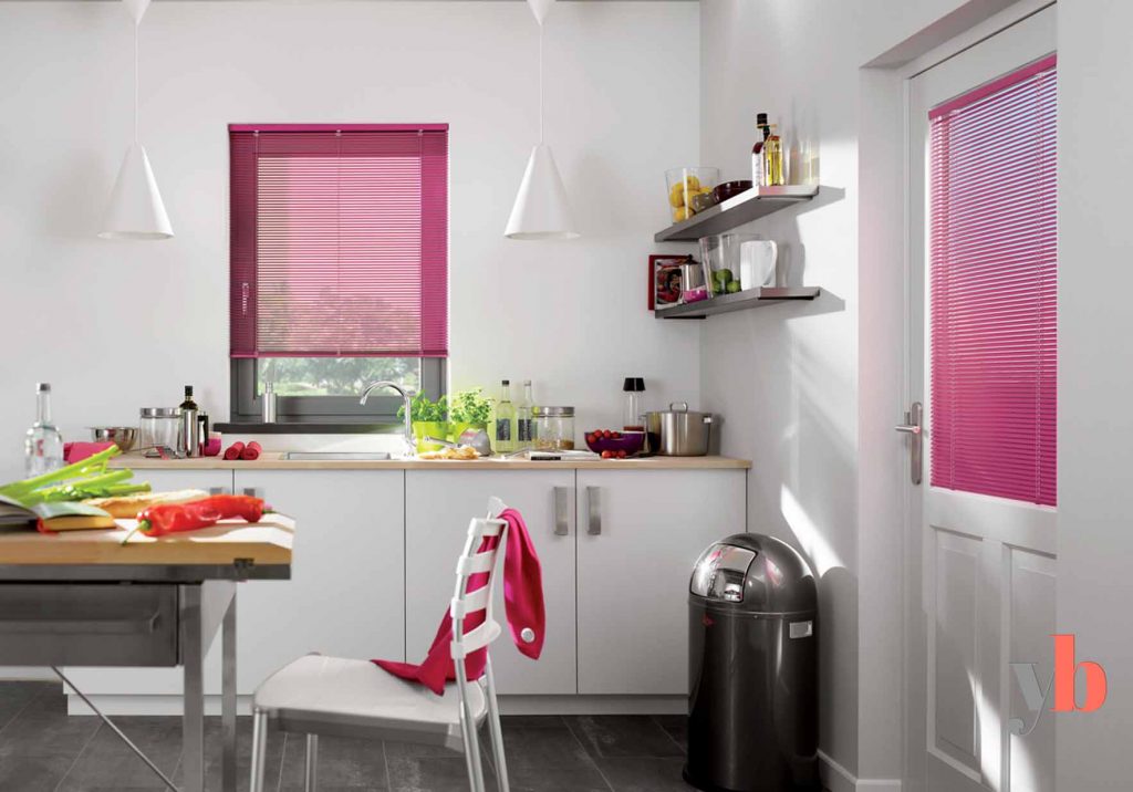 Pink Aluminium Venetian Blinds in the kitchen