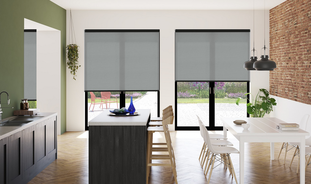The Atlantex Pewter roller blind completes a contemporary look to large windows