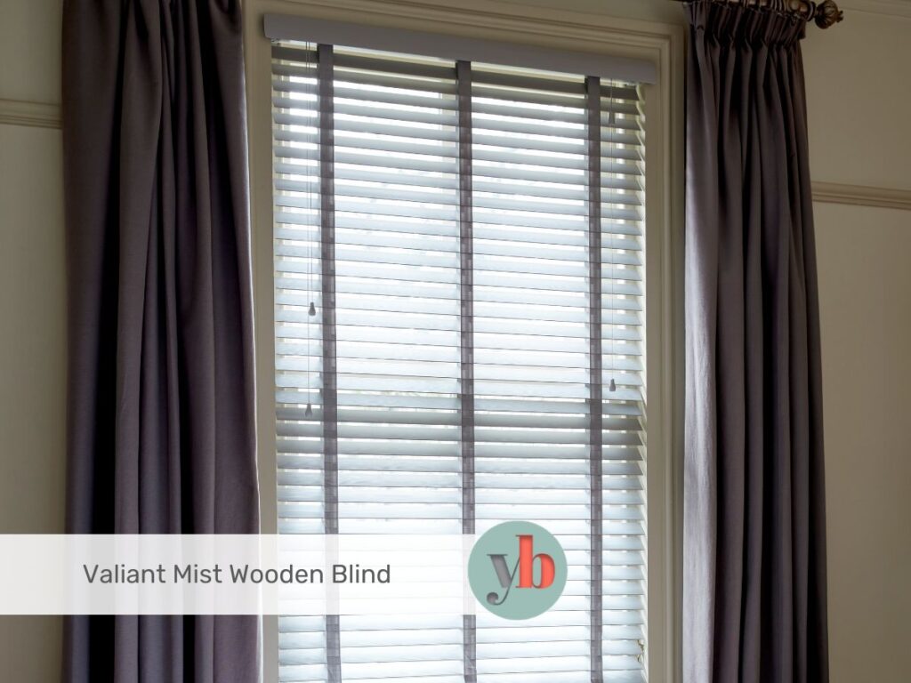 Grey wooden blind with purple curtains
