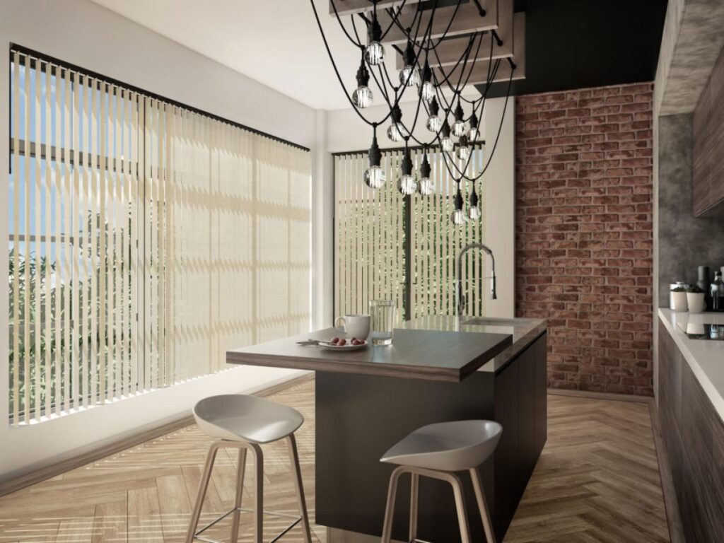 vertical blinds in a modern kitchen