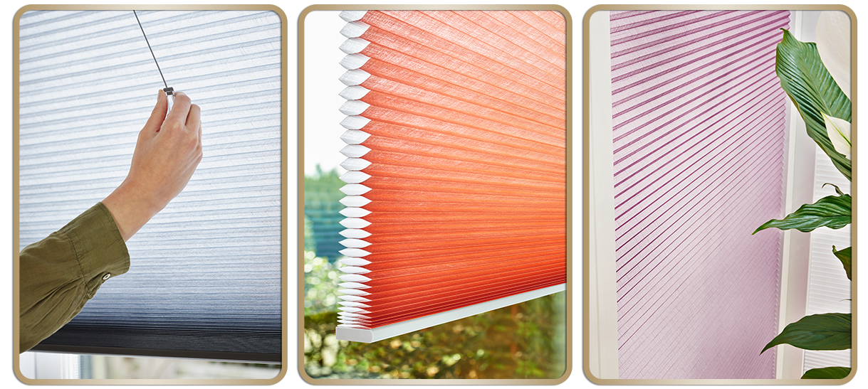 Pleated blind free hanging and tensioned